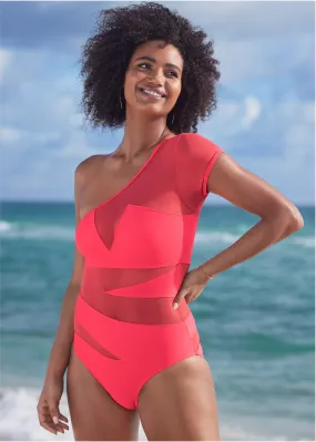 Asymmetrical Mesh One-Piece - Sunset Pink