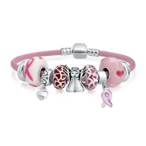 Breast Cancer Pink Ribbon Bead Charm Pink Leather Bracelet .925 Silver