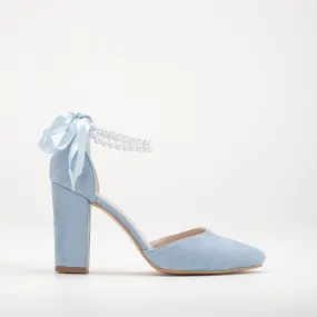 Denise - Baby Blue Suede Wedding Heels with Pearls