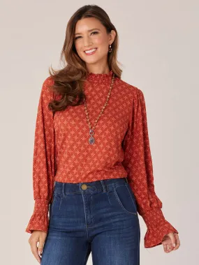 Long Flounce Sleeve Smocked Mock Neck Printed Knit Top