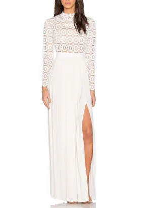 White Pleated Crochet Floral Maxi Dress